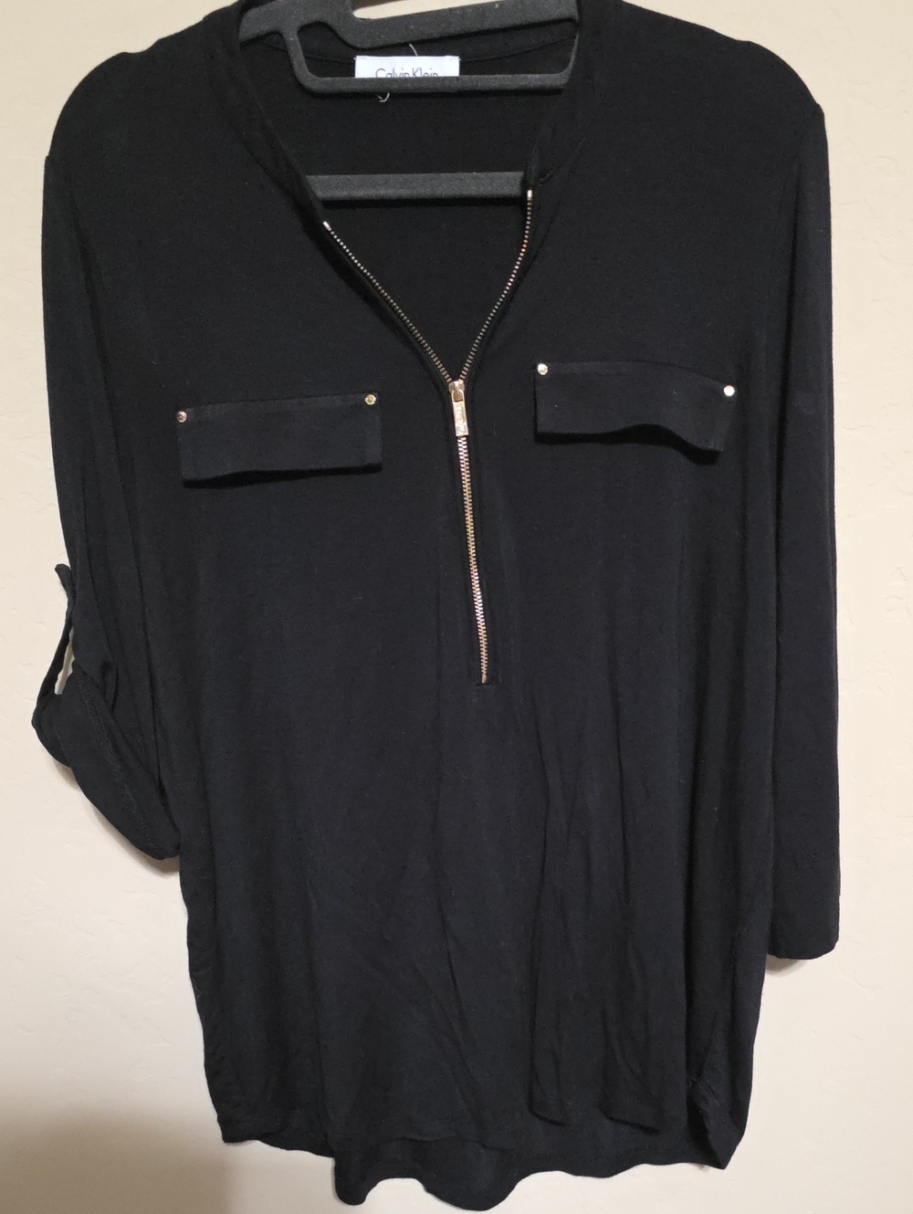 Calvin Klein Black Long Sleeve Zip Front Top, Size S